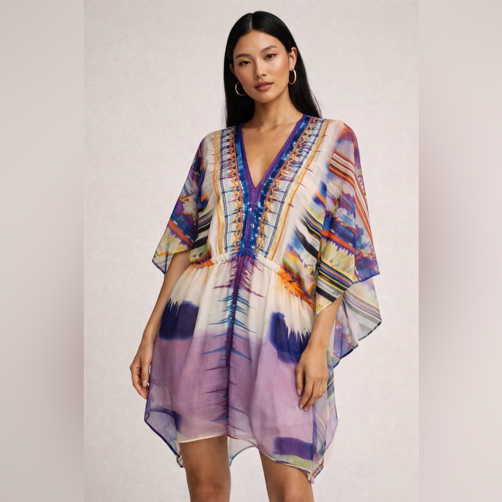 Boho Sequin Embroidered Silk Chiffon Tunic Dress w Slip chic Cover-Up S